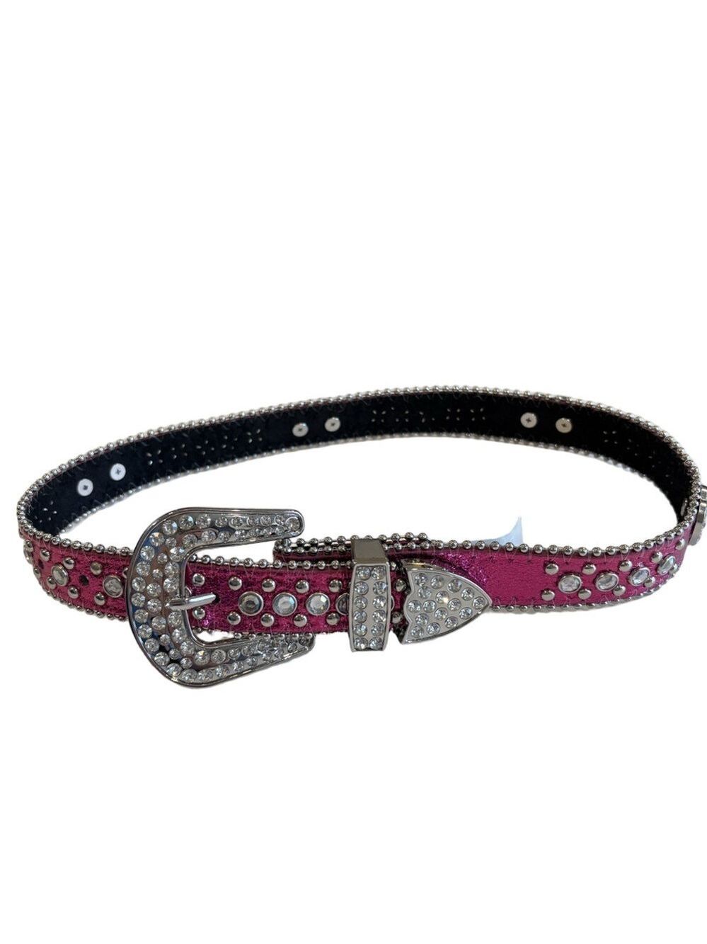 Leather western belt. Size 24. Metallic pink with clear stone adornments. Bling